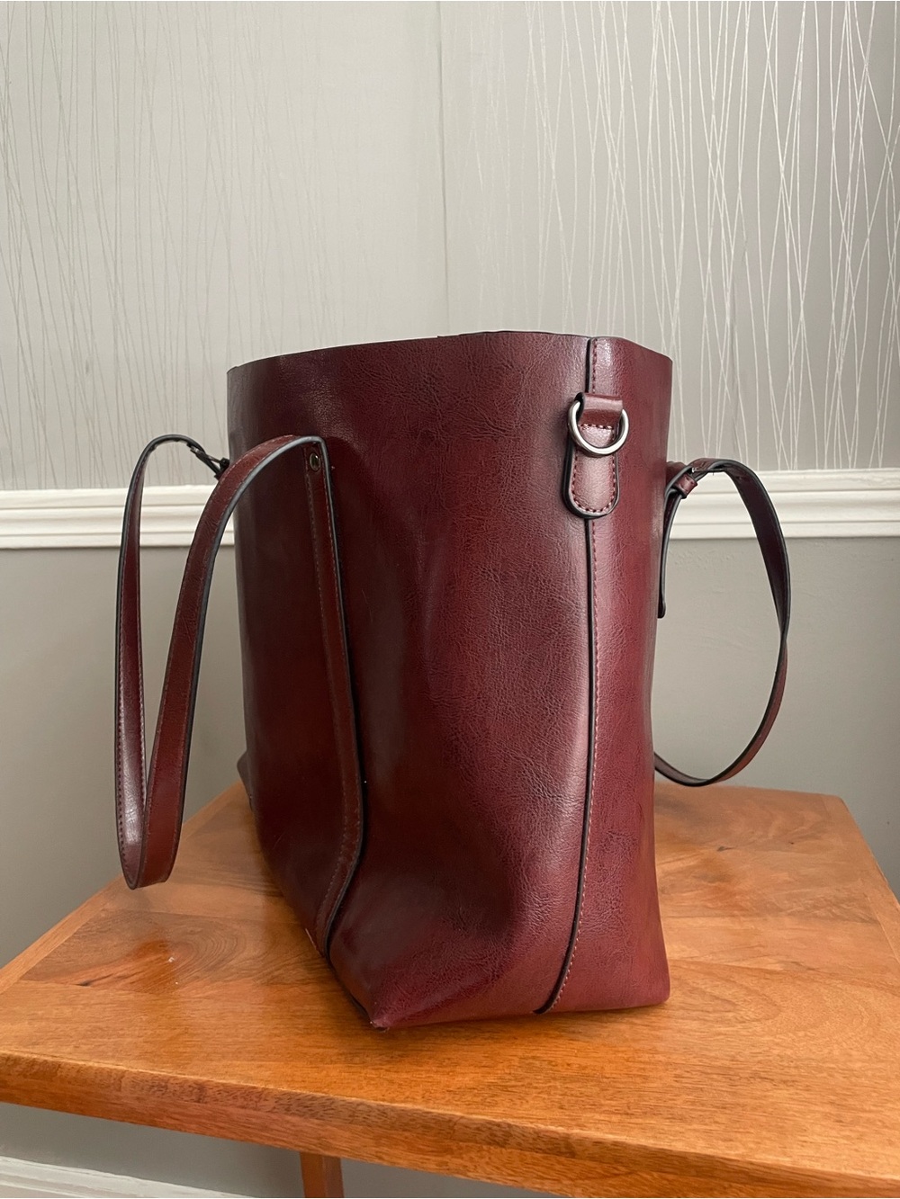 Burgundy Faux Leather Tote Bag Large Shoulder Bag - Picture 2 of 10